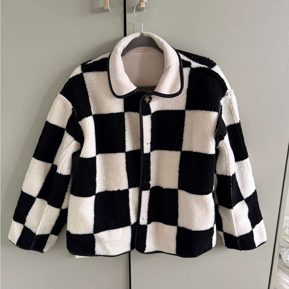 French Mauve faux sherpa Checkered Black and White ARES REVERSIBLE Jacket